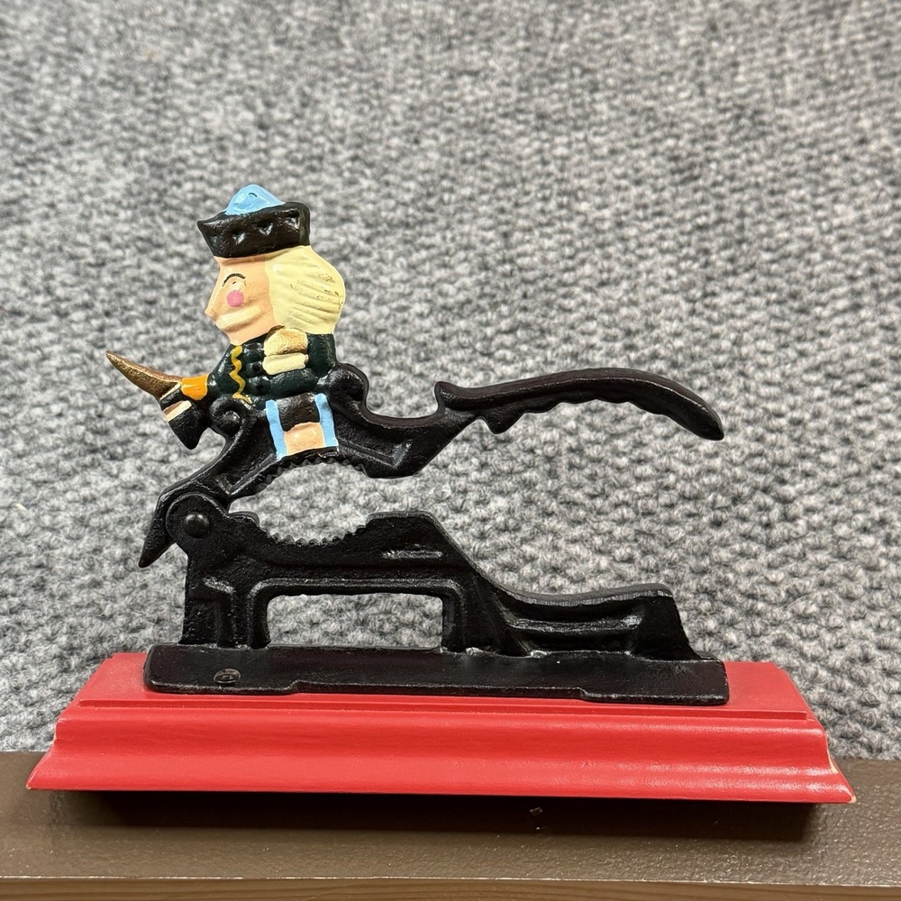 Vintage Cast Iron Soldier Nutcracker Mounted On Red Wooden Base Nut Cracker